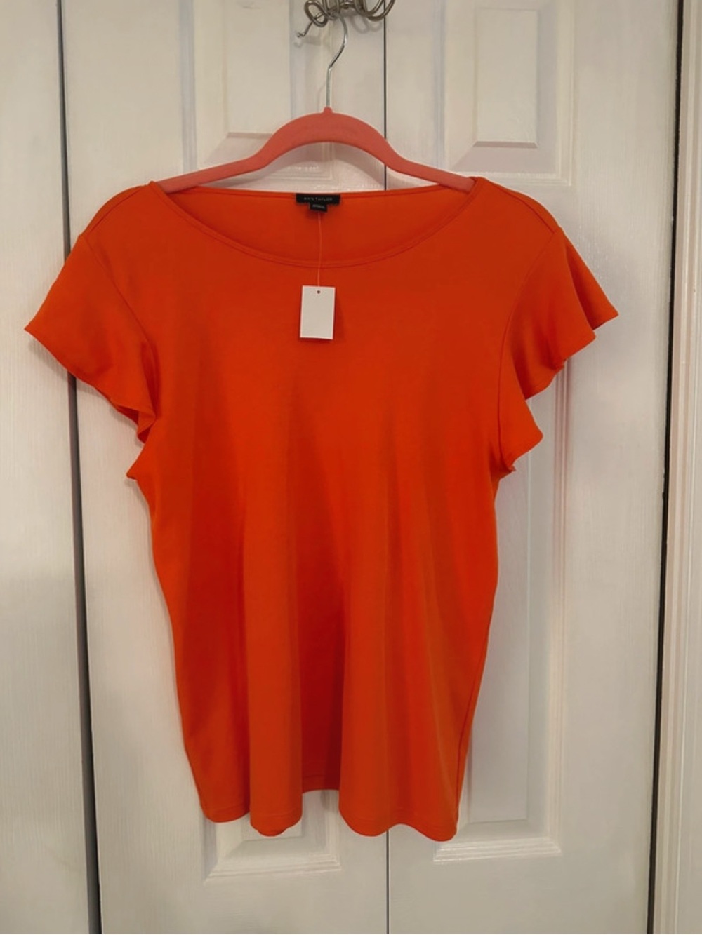 Ann Taylor Orange Short Sleeve Ruffle Detail Scoop Neck Top
